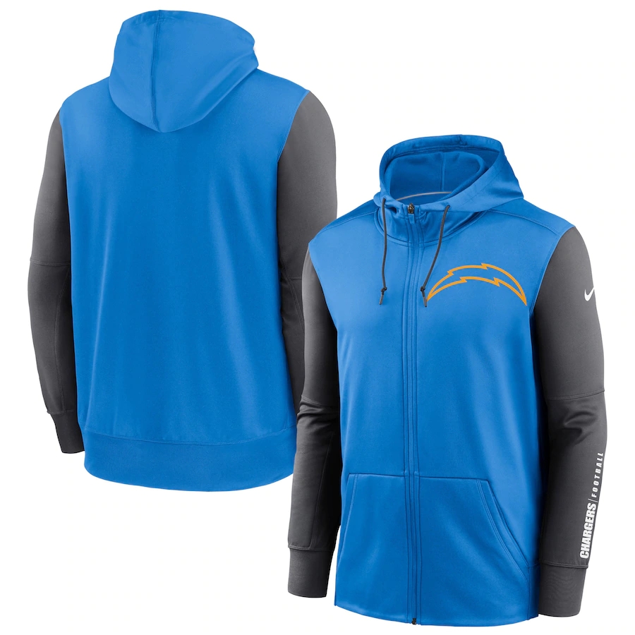 NFL Nike Los Angeles Chargers Powder Blue Charcoal Fan Gear Mascot Performance FullZip Hoodie